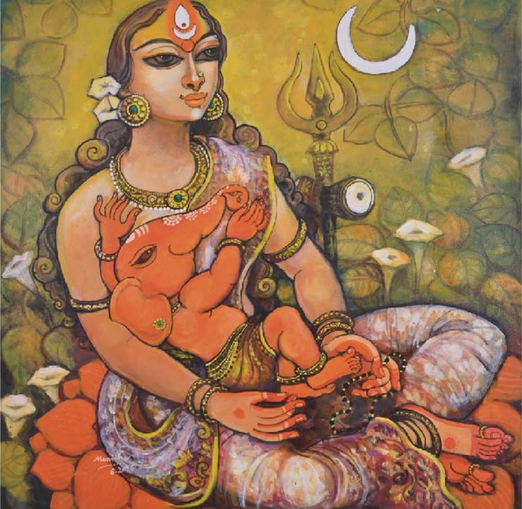 Gauri Vinayak' religious acrylic painting by artist Manisha Srivastava, 36x36 inch, on canvas