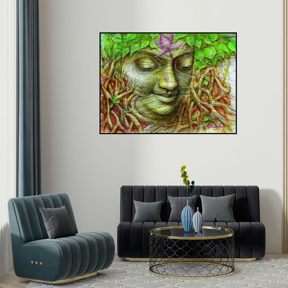 Darshan Sharma's 'Gautama Buddha 1 (Gautama Buddha)' painting visualized above a sofa in a contemporary room.