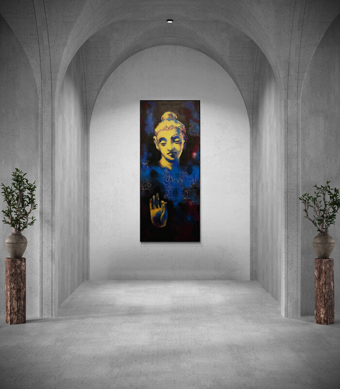 Devendra Nimbargikar's painting 'Gautama Buddha (Path to Enlightenment)' displayed in a modern living room setting