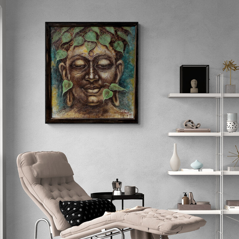 Darshan Sharma's 'Gautama Buddha 2 (Serenity)' Painting visualized above a sofa in a contemporary room