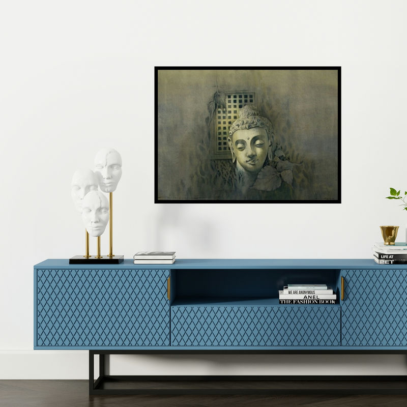 Preview of 'Gautama Buddha' Painting by Vishal Chavan shown on a wall in a furnished room.