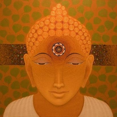 Religious acrylic painting titled 'Gautama Buddha', 24x24 inches, by artist Bhiva Punekar on Canvas