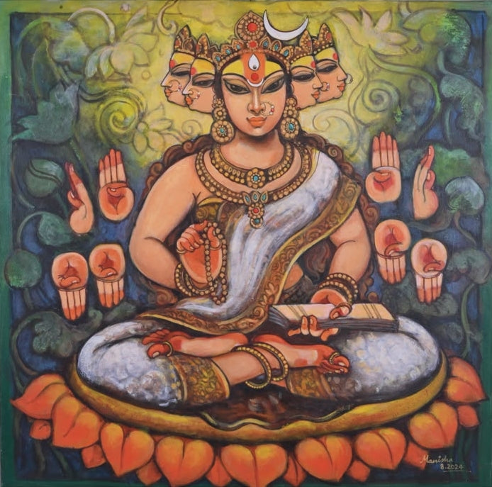 Gayatree' religious acrylic painting by artist Manisha Srivastava, 36x36 inch, on canvas