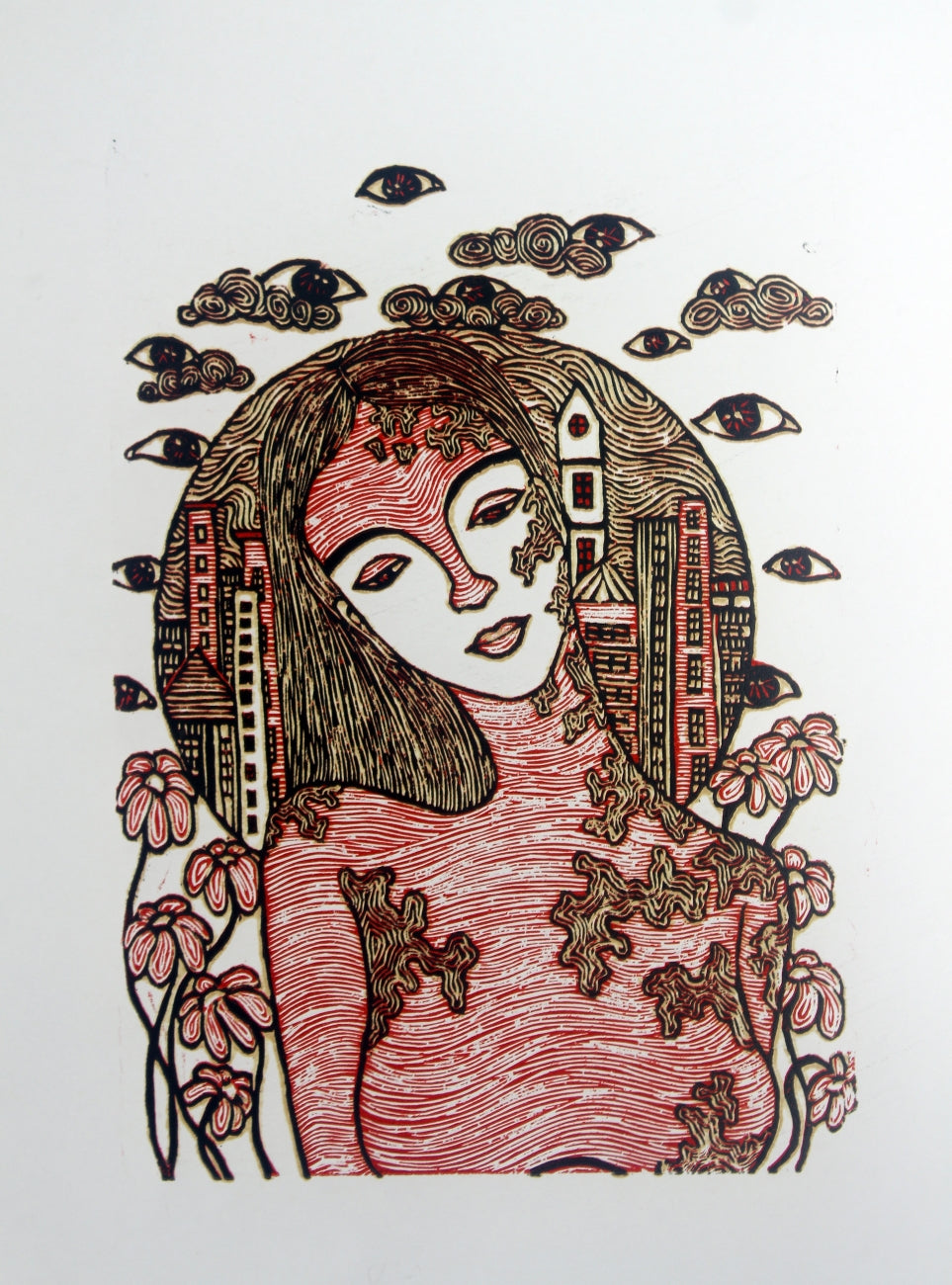 Gazed On' figurative wood cut printmaking by artist Ranju Kumari, 12x8 inch, on paper
