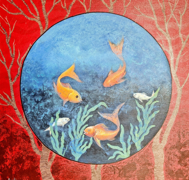 Gazing Into The Deep' animals acrylic painting by artist Anumitra Basu Mandal, 24x24 inch, on canvas