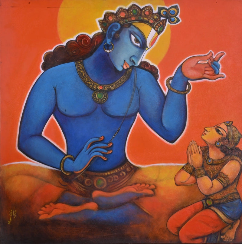 Geetopadesh' religious acrylic painting by artist Manisha Srivastava, 30x30 inch, on canvas
