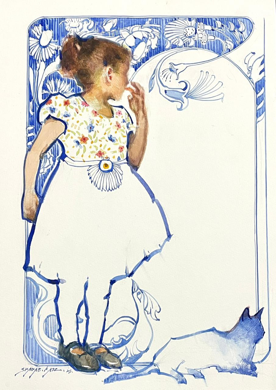 'Gentle Pause' figurative watercolor painting by artist Shadab Kazi, 16x11 inch, on paper