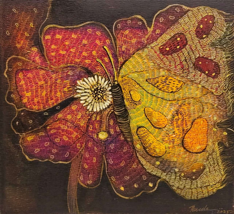 The Gentle Visitor' nature mixed-media painting by artist Yogesh Powale, 10x10 inch, on paper