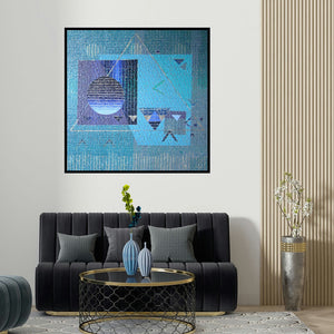 Amol Satre's 'Geometrical Family (Aqua Geometry: A Study in Teal and Form)' painting visualized above a sofa in a contemporary room.