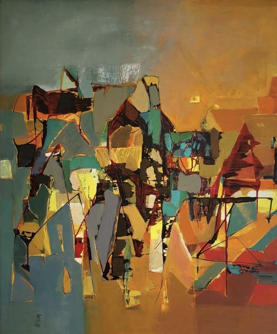 The Geometry Of Memory' abstract acrylic painting by artist Suchita Tarde, 47x39 inch, on canvas