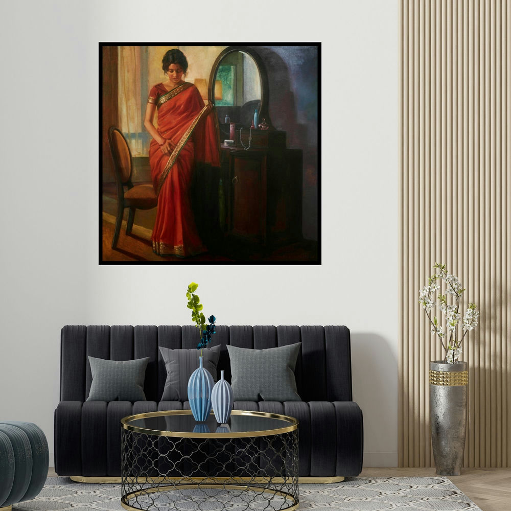Ramesh Nanware's 'Getting Ready' painting visualized above a sofa in a contemporary room.