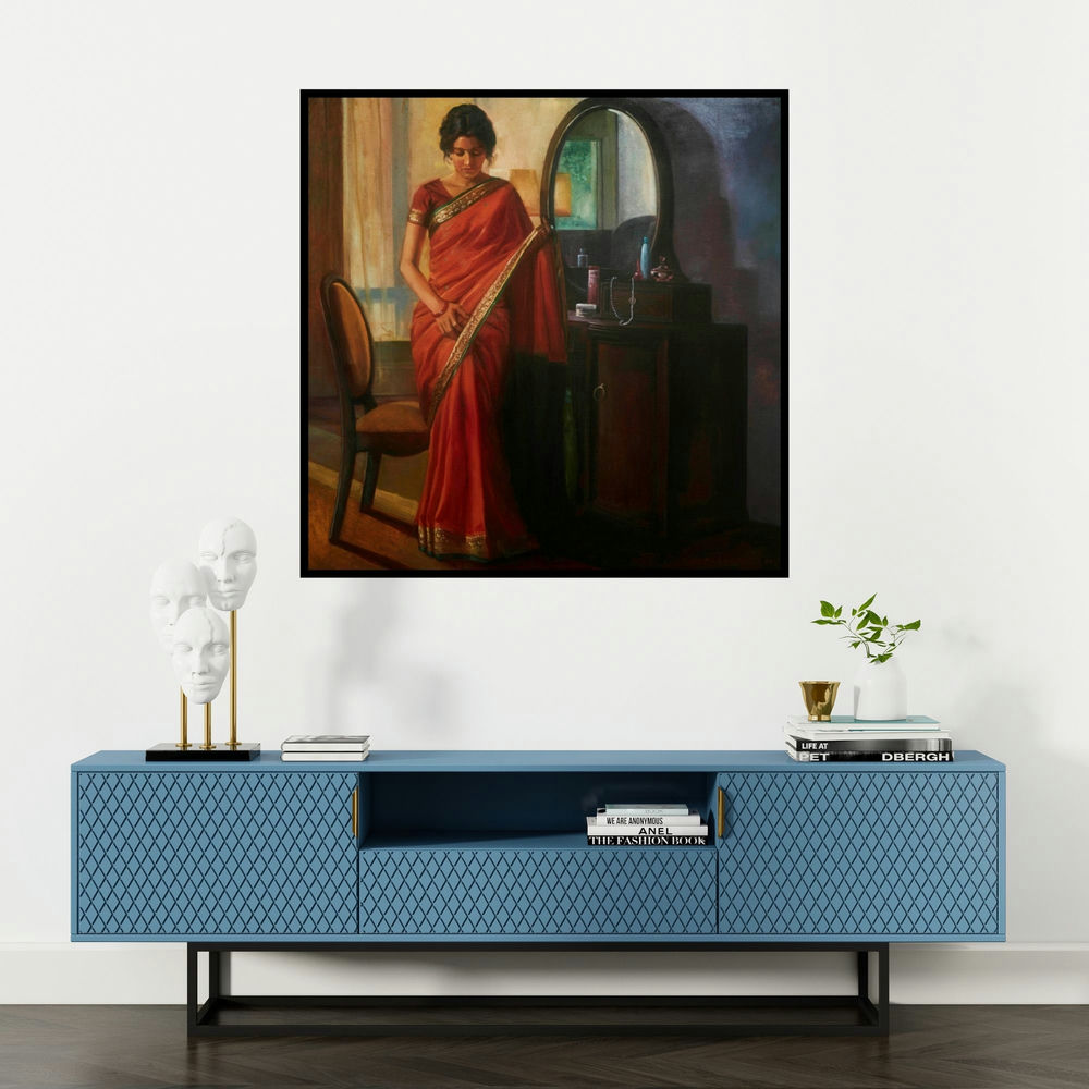 'Getting Ready' painting by Ramesh Nanware shown on a wall in a furnished room.