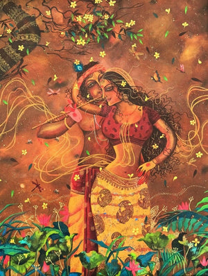Ghanashyam (Radha Krishna Romance) by Lisha N T, Original Acrylic Religious Painting on Canvas, Medium Vertical Wall Art
