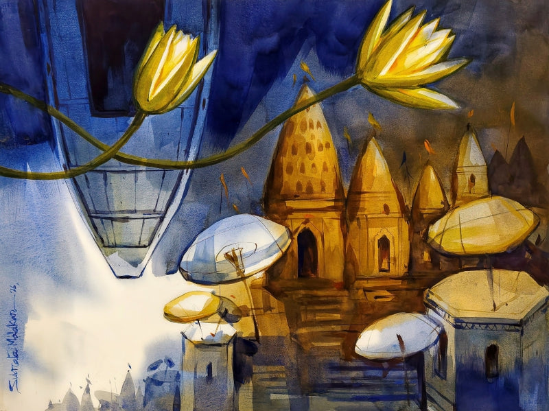 Ghats Of Banaras' religious watercolor painting by artist Subrata Malakar, 22x30 inch, on paper