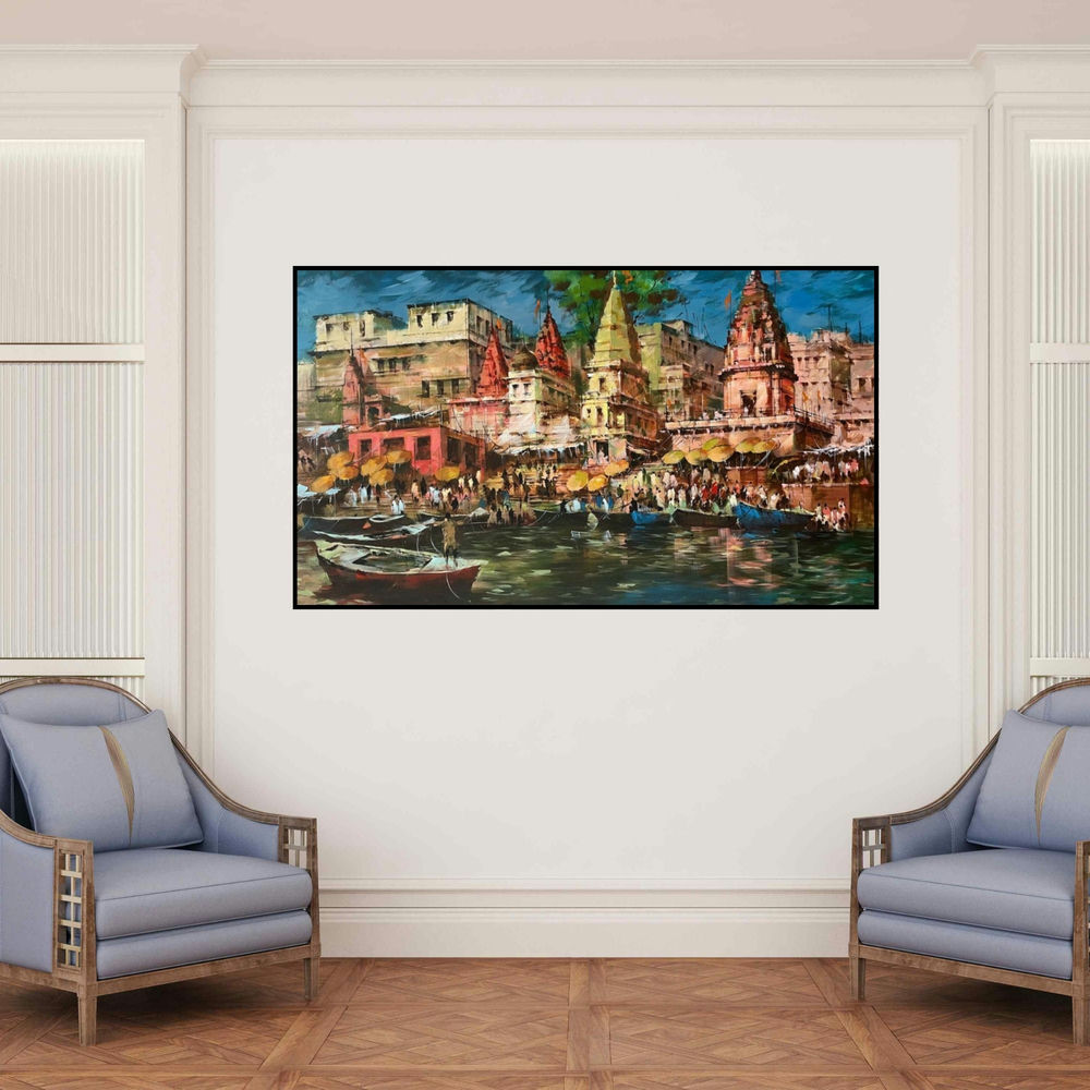 'Ghats Of Varanasi (Eternal Varanasi)' painting by Sandeep Chhatraband shown on a wall in a furnished room.