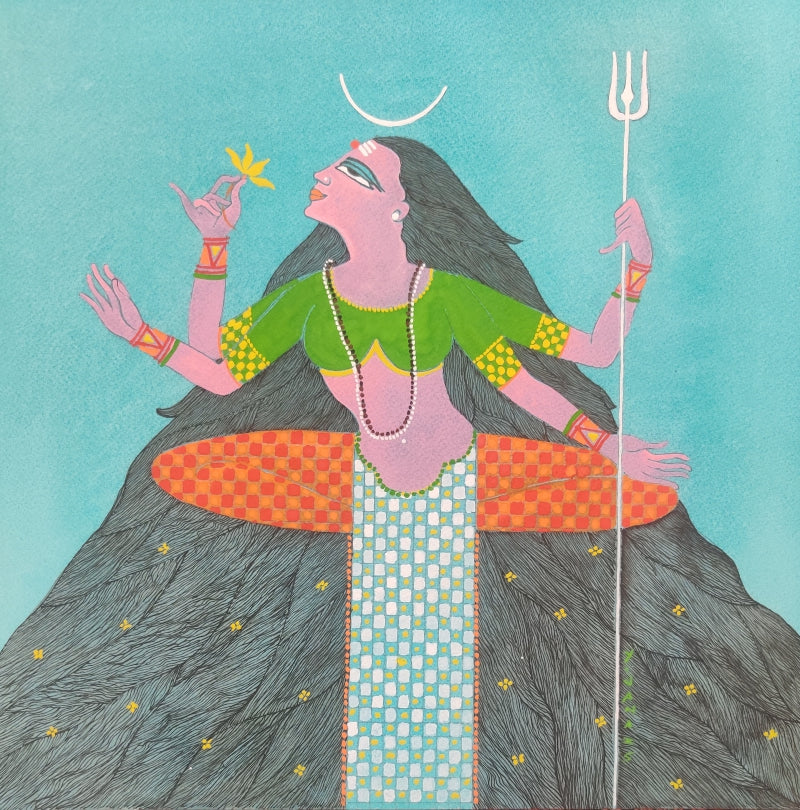 'Giri Nandini' religious mixed-media painting by artist Yojana Dehankar, 12x12 inch, on paper