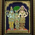 Religious tanjore traditional art titled 'Girija Kalyanam Tanjore Painting', 15x12 inches, by artist VANI VIJAY on Plywood