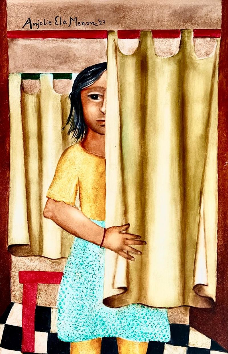 Figurative oil painting titled 'Girl Behind The Curtain', 36x24 inches, by artist Anjolie Ela Menon on Masonite