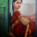 Figurative oil painting titled 'Girl By Door', 32x23 inches, by artist Vishalandra Dakur on Canvas