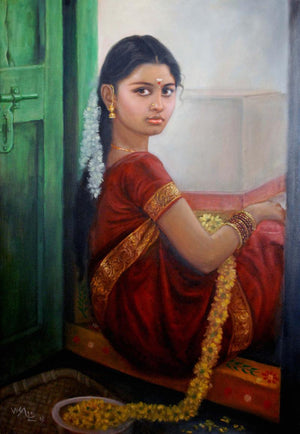 Girl By Door (Uplifting Devotion) by Vishalandra Dakur, Original Oil Figurative Painting on Canvas, Medium Vertical Wall Art