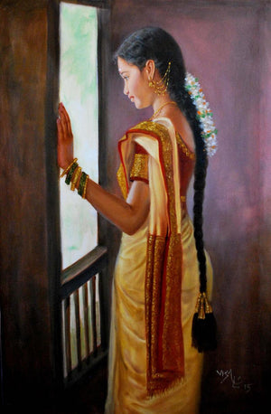 Girl By Window (Enchanting Melody) by Vishalandra Dakur, Original Oil Figurative Painting on Canvas, Medium Vertical Wall Art