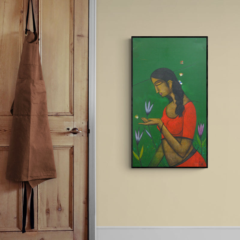 In-situ view of Sanjay Tikkal's 'Girl Catching Butterfly' painting in a room