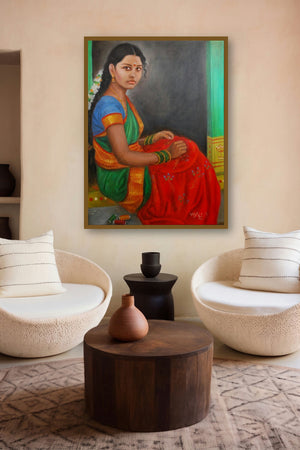 Girl Doing Embroidery (Kolam Creation) by artist Vishalandra Dakur displayed in a Luxury gallery