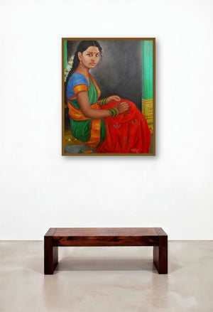 Girl Doing Embroidery (Kolam Creation) by artist Vishalandra Dakur displayed in a Traditional Bedroom