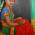 Figurative oil painting titled 'Girl Doing Embroidery', 32x23 inches, by artist Vishalandra Dakur on Canvas