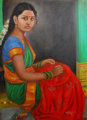 Girl Doing Embroidery (Kolam Creation) by Vishalandra Dakur, Original Oil Figurative Painting on Canvas, Medium Vertical Wall Art
