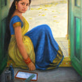 Figurative oil painting titled 'Girl Dressing Up', 48x32 inches, by artist Vishalandra Dakur on Canvas