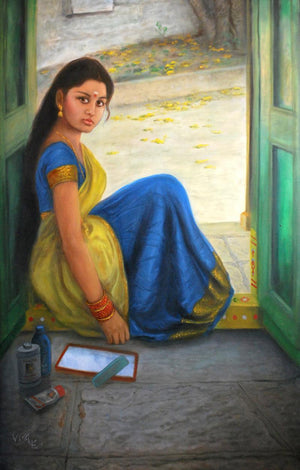 Girl Dressing Up (Divine Melody) by Vishalandra Dakur, Original Oil Figurative Painting on Canvas, Large Vertical Wall Art
