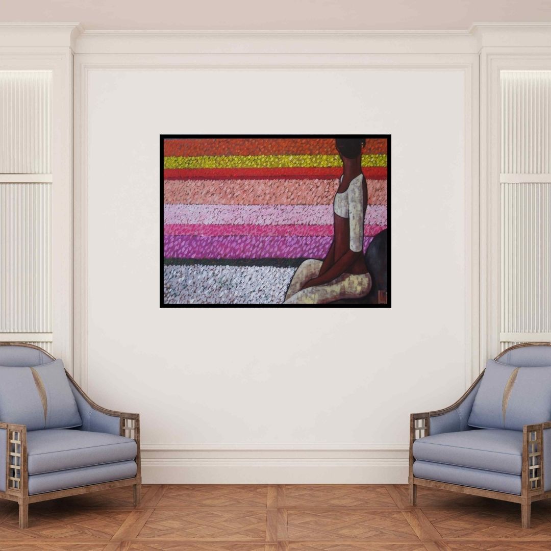 In-situ view of Suruchi Jamkar's 'Girl In The Flower Fields' painting in a room