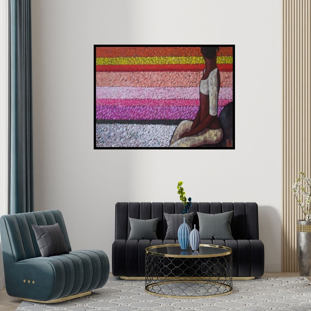 Preview of 'Girl In The Flower Fields' Painting by Suruchi Jamkar shown on a wall in a furnished room.