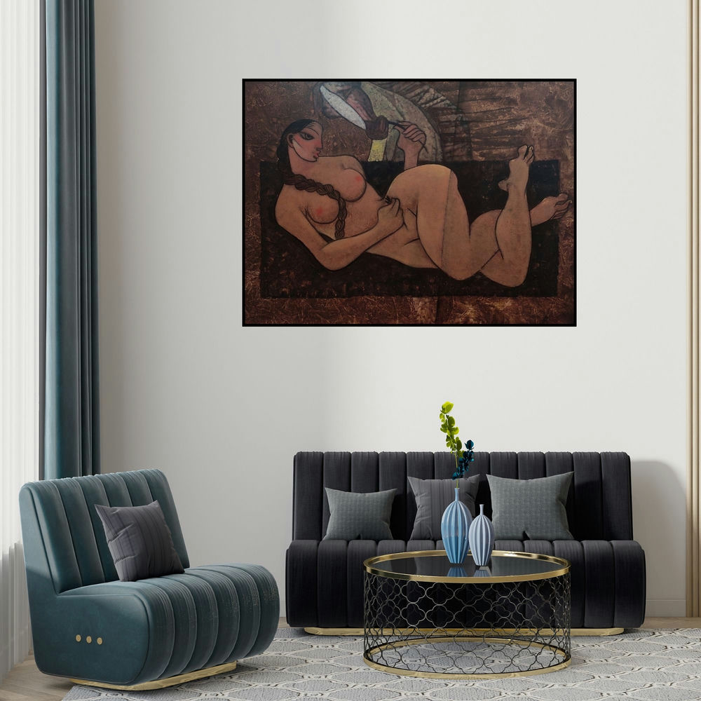 Ramesh Gujar's 'Girl With Horse (A Moment of Reflection)' painting visualized above a sofa in a contemporary room.