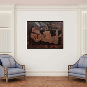 'Girl With Horse (A Moment of Reflection)' painting by Ramesh Gujar shown on a wall in a furnished room.
