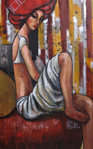 Figurative acrylic painting titled 'Girl In A Red Turban', 34x22 inches, by artist Suruchi Jamkar on Canvas