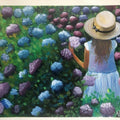 Figurative acrylic painting titled 'Girl in Hydrangea garden', 12x16 inches, by artist Anu Dhimaan on canvas