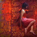 Figurative oil painting titled 'Girl in Red', 30x34 inches, by artist Pramod Kurlekar on Canvas