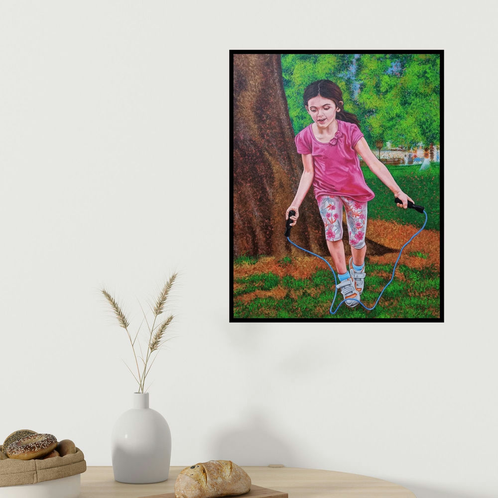 Pooja Kumawat's 'Girl Jumping Rope' painting visualized above a sofa in a contemporary room.