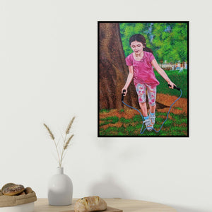 Pooja Kumawat's 'Girl Jumping Rope' painting visualized above a sofa in a contemporary room.