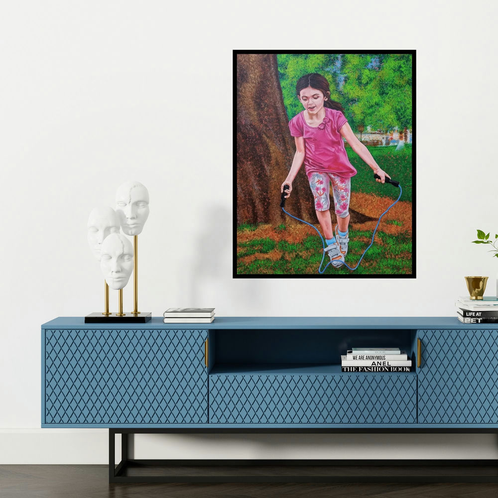 'Girl Jumping Rope' painting by Pooja Kumawat shown on a wall in a furnished room.
