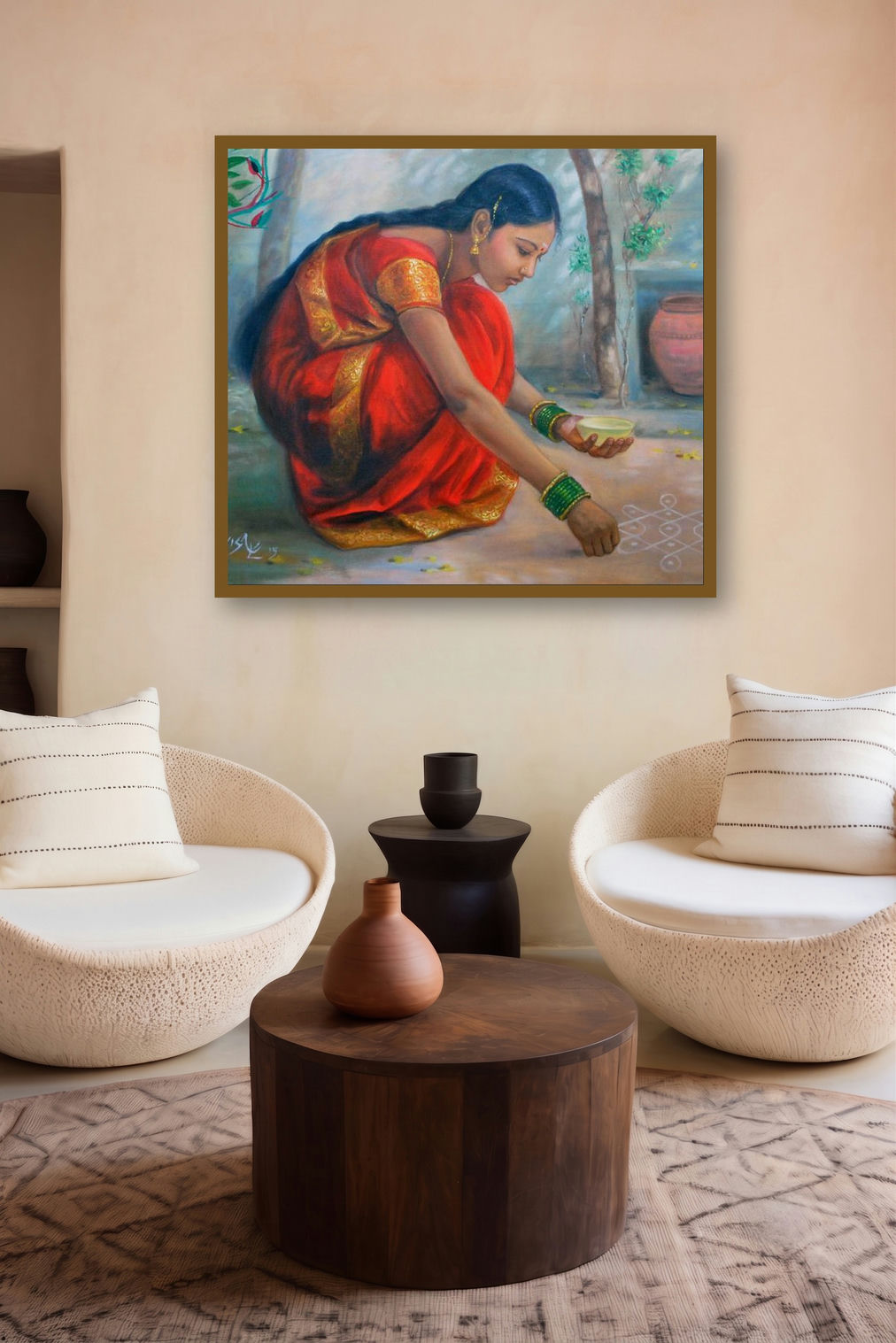 Girl Laying Kolam (Morning Adornment) by artist Vishalandra Dakur displayed in a Indian Art gallery