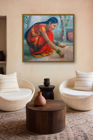 Girl Laying Kolam (Morning Adornment) by artist Vishalandra Dakur displayed in a Indian Art gallery