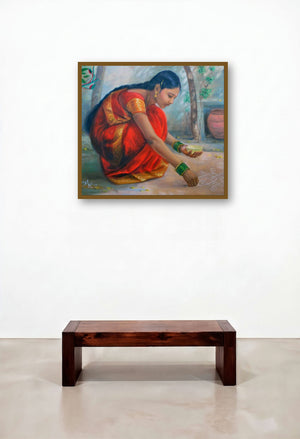 Girl Laying Kolam (Morning Adornment) by artist Vishalandra Dakur displayed in a Classic Reception Area