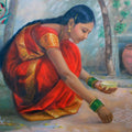 Figurative oil painting titled 'Girl Laying Kolam', 23x32 inches, by artist Vishalandra Dakur on Canvas