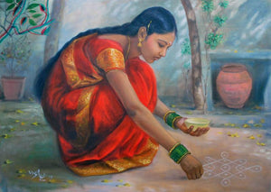 Girl Laying Kolam (Morning Adornment) by Vishalandra Dakur, Original Oil Figurative Painting on Canvas, Medium Horizontal Wall Art