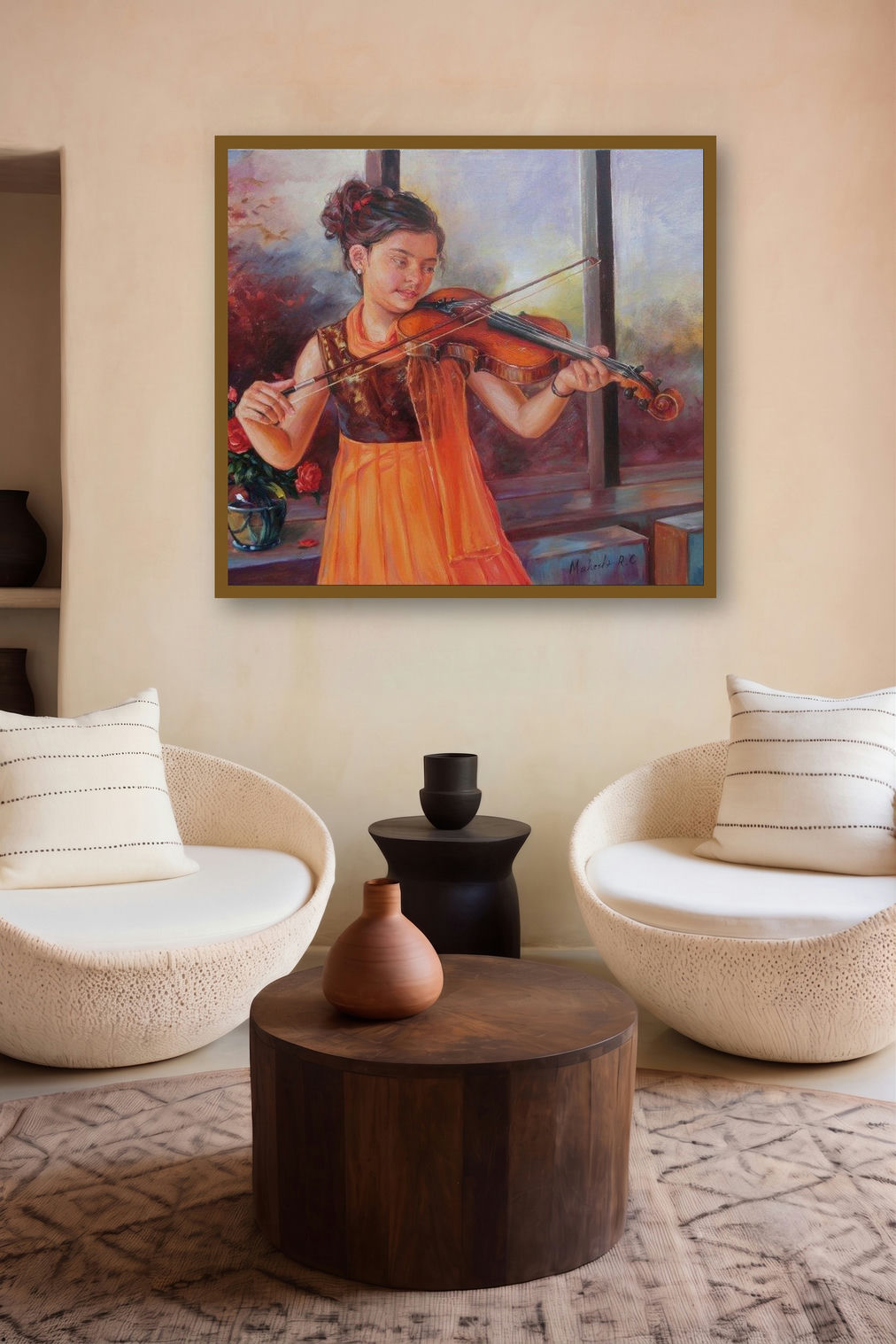 Girl Learning Violin (Musical Awakening) by artist Mahesh Rc displayed in a Museum Style gallery