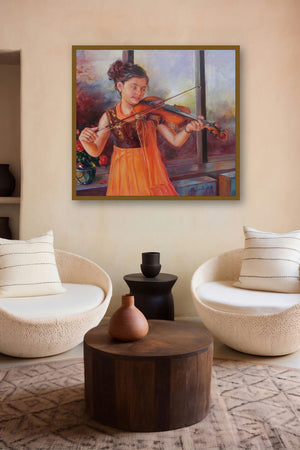 Girl Learning Violin (Musical Awakening) by artist Mahesh Rc displayed in a Museum Style gallery