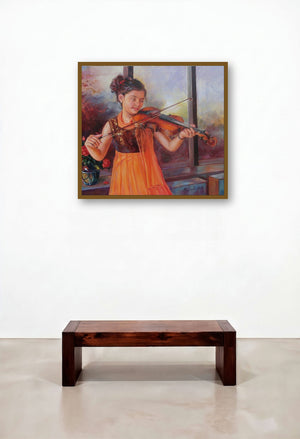 Girl Learning Violin (Musical Awakening) by artist Mahesh Rc displayed in a Luxury Library